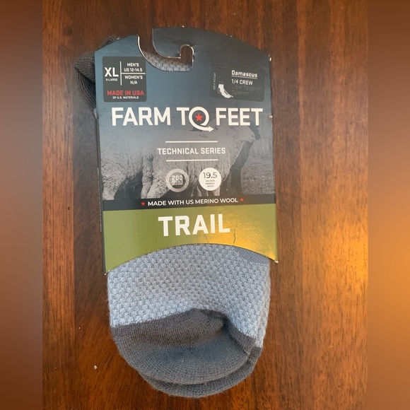 Men’s Farm to Feet 1/4 crew XL Trail socks. Grey. - Picture 4 of 4